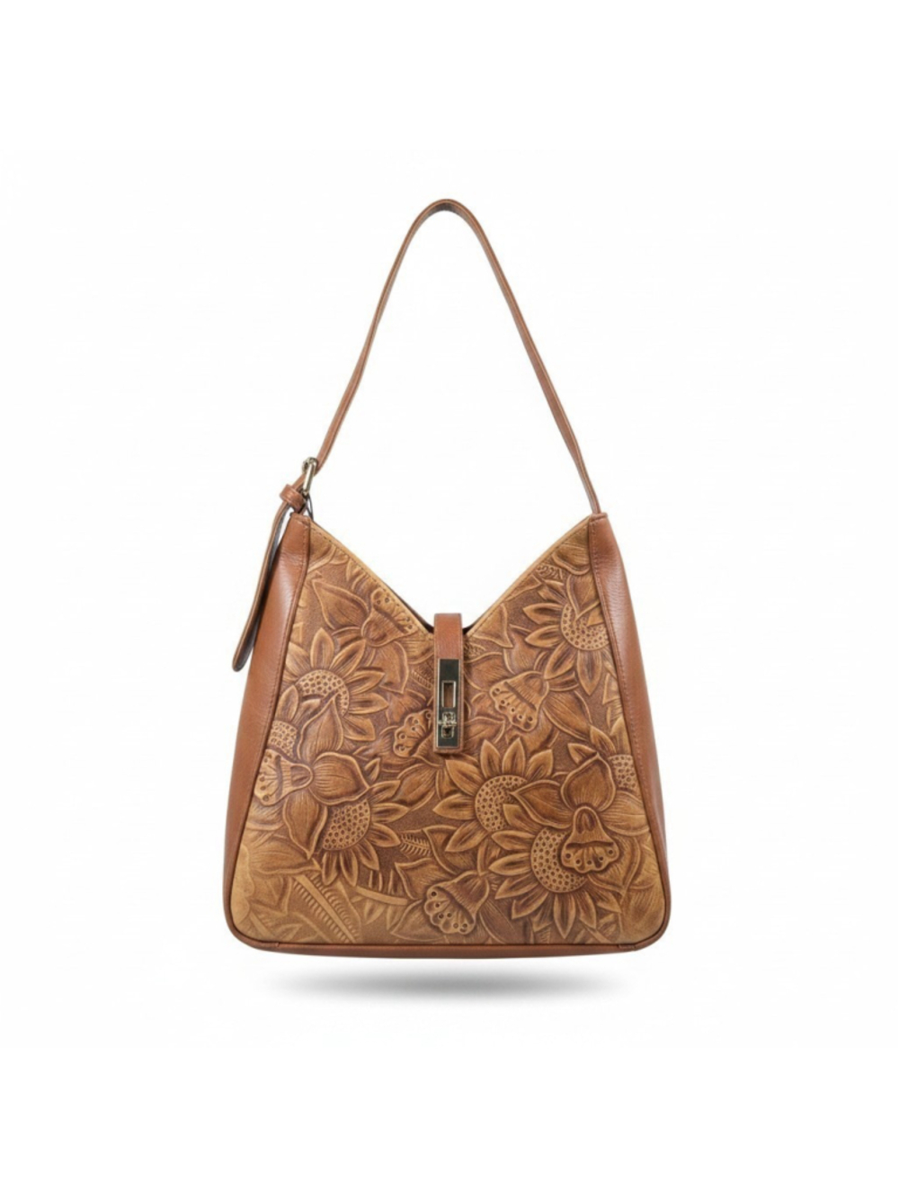 Honey Brown Sunflower Embossed Tooled Artisan LEATHER Shoulder Bag Purse - Picture 2 of 16